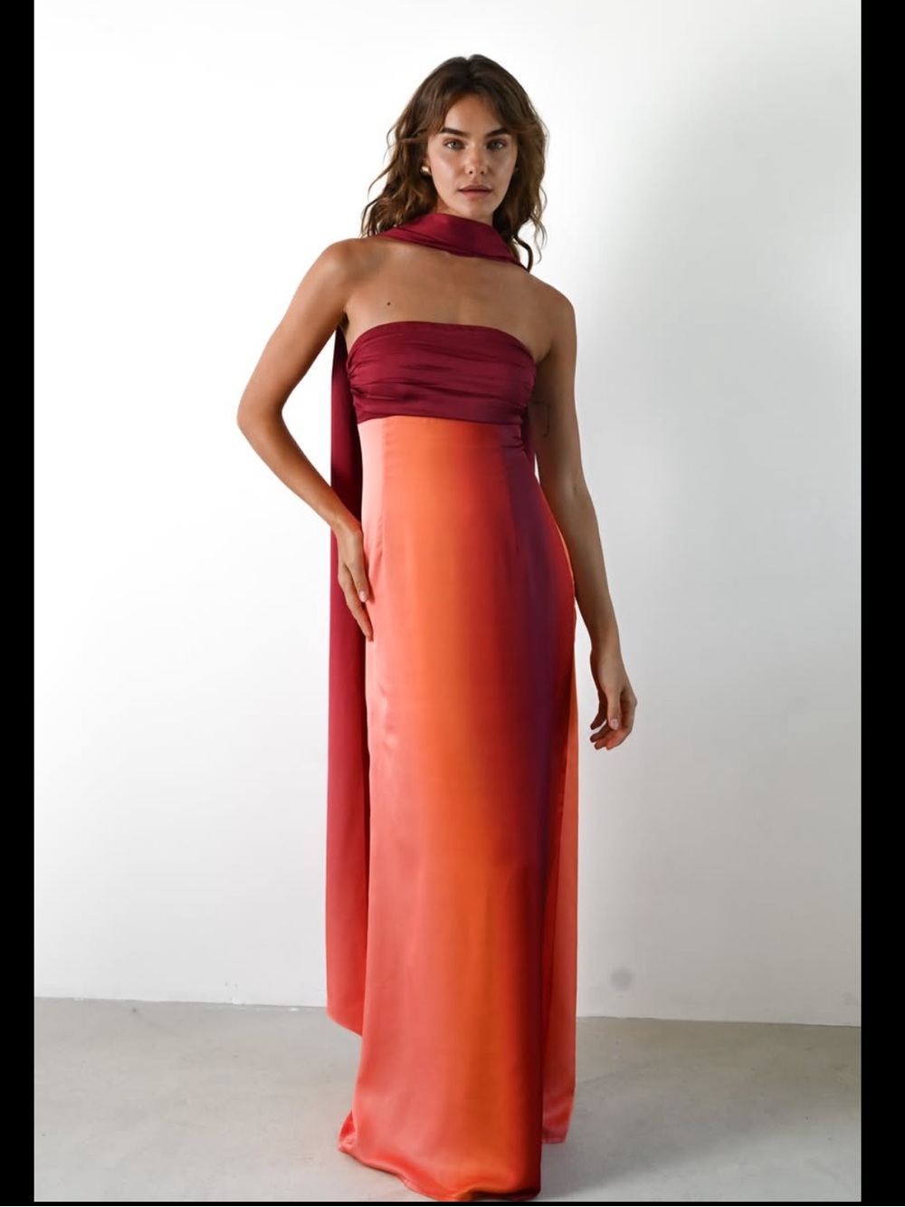 Orange Burgundy Sunset Strapless Scarf Gown from yellowthelabel